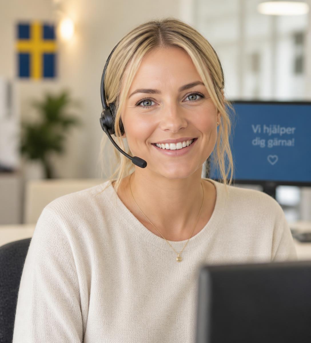 Leende medarbetare med headset som svarar i kundtjänst
