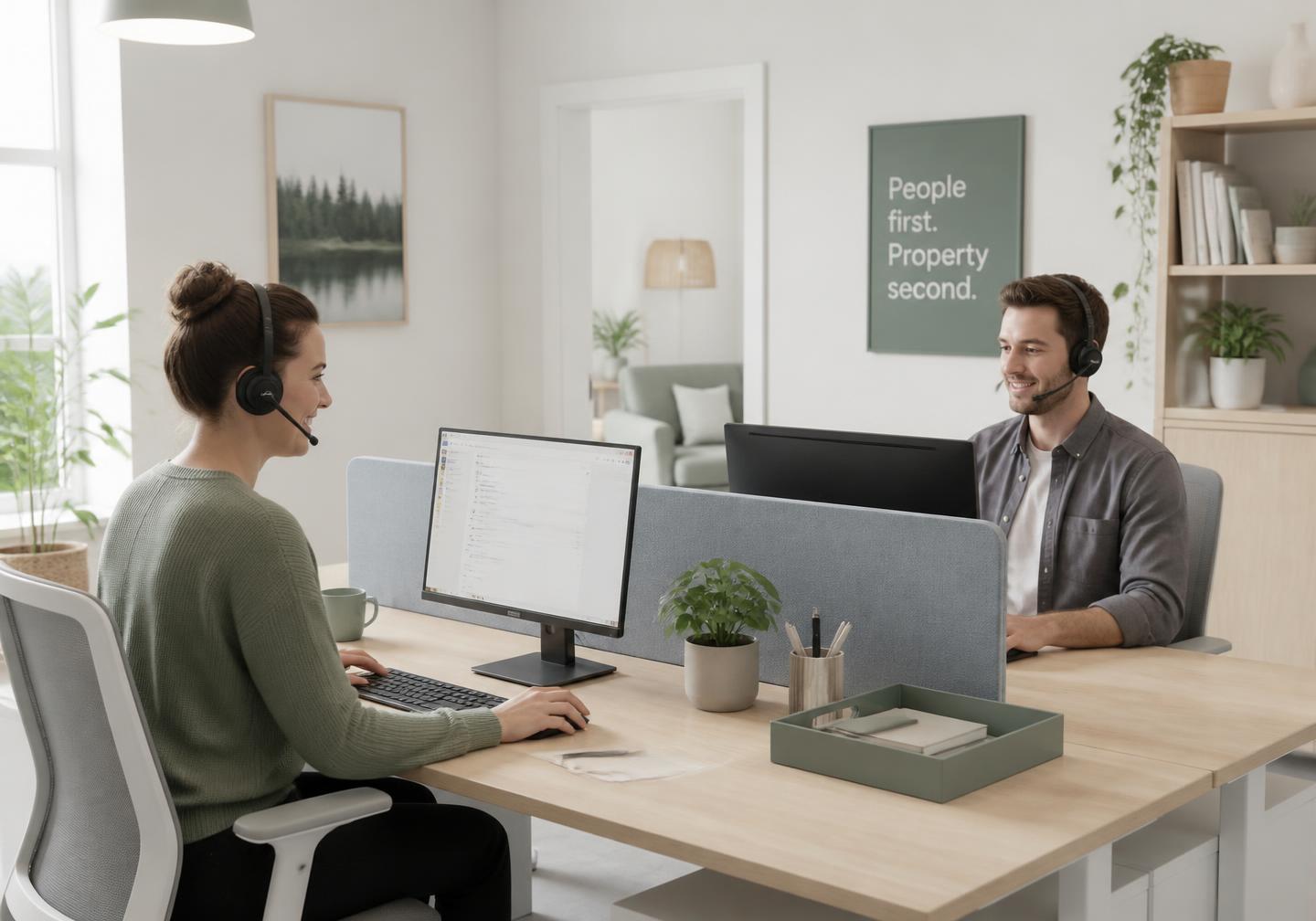 Två medarbetare med headset vid ett gemensamt skrivbord på Samhällsdata Sverige ABs kontor